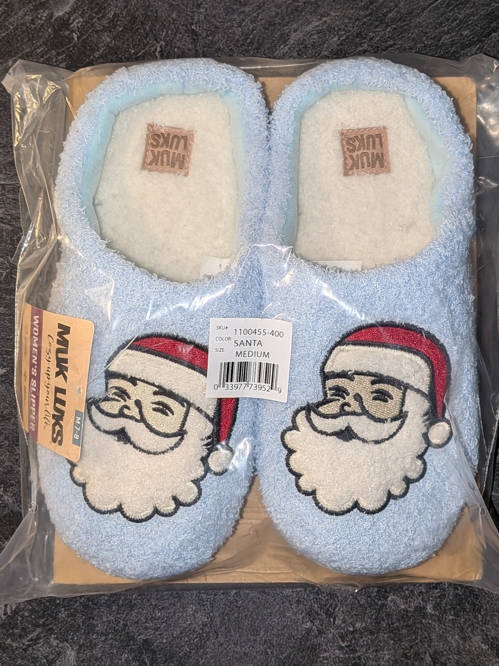Muk Luks Kids Light Blue Santa Face Plush Slippers